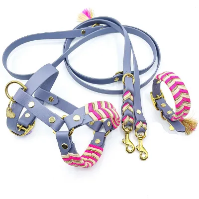 Hundegeschirr Luxury Custom Design PU Small Pet Vegan Leather Paracord Dog Harness Small Large Dog Leather Leash &Collar Set