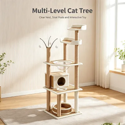 Modern Cat Tree With Transparent Space Capsule and Sisal Posts for Large Cats Living Room Vertical Activity Center Furniture