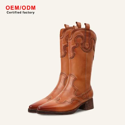 Fashion Design Top-Grain Cowhide Slip-On Pointed Toe Mid-Calf Ankle Snow Boots Autumn Winter Mid-Heel Brown British Cowboy Boots