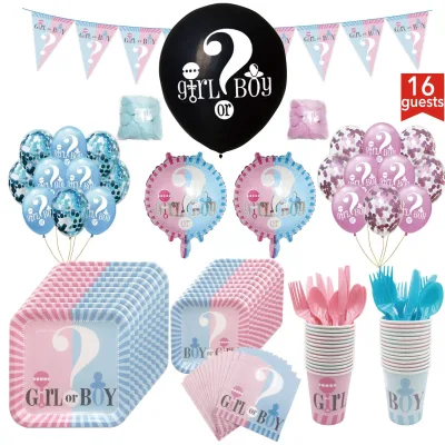 Wholesale Gender Reveal Party Supplies Balloon Decoration Set Boy or Girl Square Paper Plate Cup Tablecloth