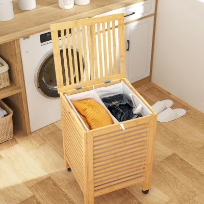 Laundry Hamper with Lid and Wheels, Bamboo Rolling Laundry with 2 Sections and Removable Liners Bags