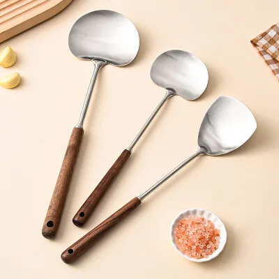 316 Stainless Steel Mushroom Wok Spatula Wood Handle Cooking Flipper Wide Scraper Stir Fry Spoon Multifunctional Kitchen Utensil