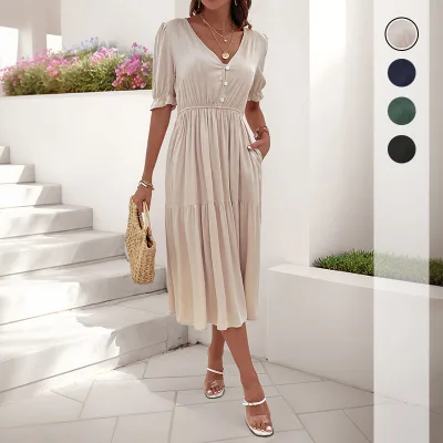 New Model - Simple and Casual Commuting Casual Puff-sleeved Pleated V-neck Solid-color Dress