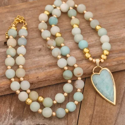 Bohemia Amazonite Heart Pendant Necklace Women Natural Gem Stone Beads Short Choker Necklace Handmade Jewelry Gifts