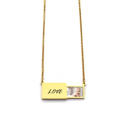 Custom Logo Engraved Stainless Steel Locket Necklace with Link Chain & Trendy Style Holds Custom Picture Envelope for Weddings
