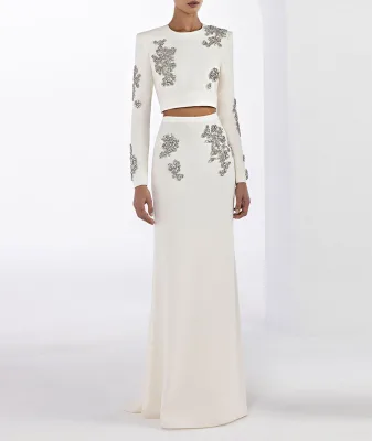 Ladies Diamond-Encrusted Beaded Skirt Set Summer Casual Skinny Fit Solid Pattern Two-Piece Long Top and Short Sets