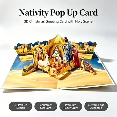 Nativity Scene Laser Cut 3D Pop up Custom Logo Premium Paper Christmas Gift Card With Envelope 3D Pop up Christmas Card