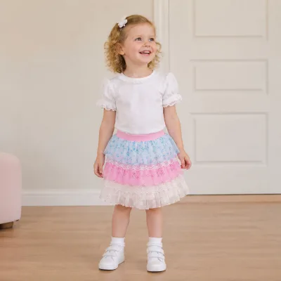 2026 New Arrival Floral Chiffon Kids Cake Skirt Lace Ruffle Tiered Little Girls Skirt 2-10Y for Daily Picnic Birthday Party ODM