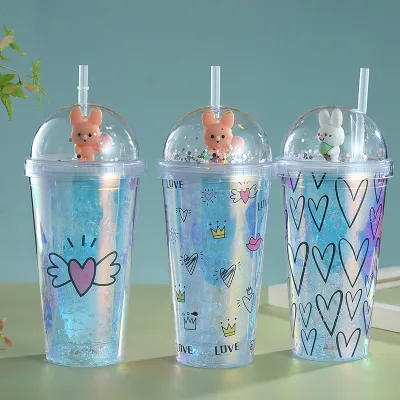 New Cute Cartoon Double-layer Plastic Children's Straw Cup Colorful love Student Water Cup High Value Summer Gel Ice Cups