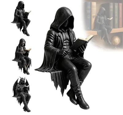 Gothic Dark Fantasy Figure Dark Reading Figure Shelf Sitter Statue Skeleton Fantasy Figure Book Statue for Library ( A/6.3inch)