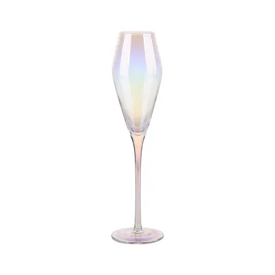 Hot Selling 8oz Elegant Stemware Colored Iridescent Champagne Glass Cups Wine Ion Plating Glass Goblet with Gold Rim Glassware
