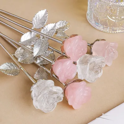 Natural Crystal Rose Raw Stone Eternal Flower Sculpture Valentine Couple Gift Carved Rose