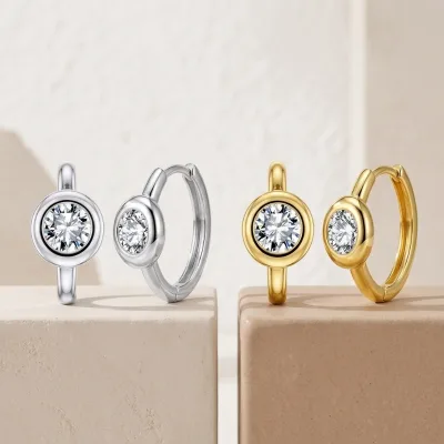 Bulk in Stock Shorea Silver 925 Minimalist Jewelry Unisex Gold Plated Bezel Setting 0.5ct 5mm Solitaire Moissanite Hoop Earrings