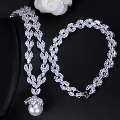 Bride Cubic Zirconia Imitation Pearl Necklace Earrings Bracelet Ring Wedding Evening Banquet Gown Accessories Set