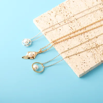 TZL Original Design 18K Gold Plated Stainless Steel Link Chain Necklace Trendy Hollow Imitation Pearl Pendants Women's