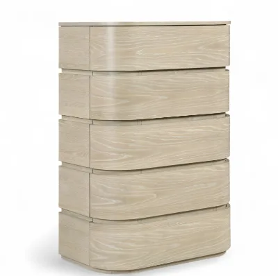 Curved 5 Drawer Tall Chest ,Light White Oak Veneer High Dresser, Full Rounded Edge Nordic Bedroom Storage Cabinet