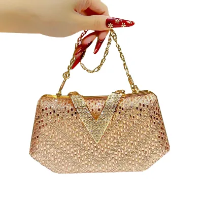 V Shape Lock Evening Clutch Bag Rhinestone Pearl Chain Crossbody Handbag for Women Wedding Party Prom