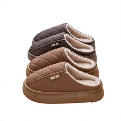 2025 New Waterproof Artificial PU Non-Slip Warm Slippers Womens Winter Outdoor-Ready Home Wear Thick Sole Squishy Comfort