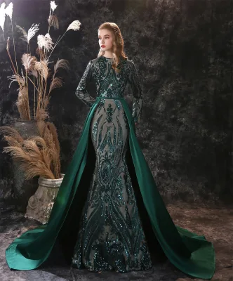 Luxury Long Sleeve Sheer Neck Evening Dress Beading Mermaid with Crystal Prom Dresses Detachable Train Dubai Arabic Formal Gown