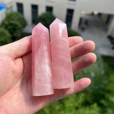 Natural Pink Crystal Wand Point Rose Quartz Tower for Healing