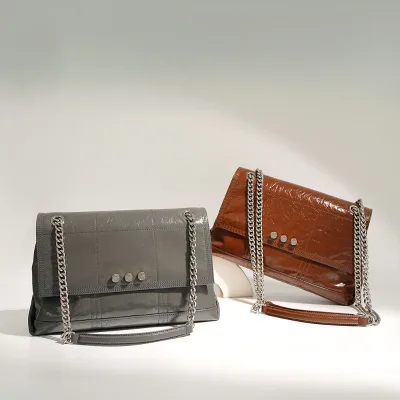 Ladies Vintage Style Tote Hand Bag High Quality Genuine Leather Hobo with Chain Shoulder Strap Polyester String Closure