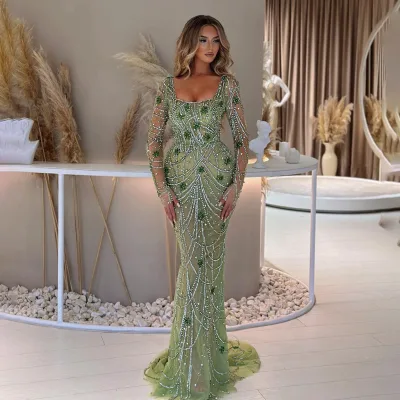 S1019A Luxurious Beaded Mermaid Evening Party Dress Long Sleeves Slim Fit Floor Length Chiffon Natural for Annual Meetings