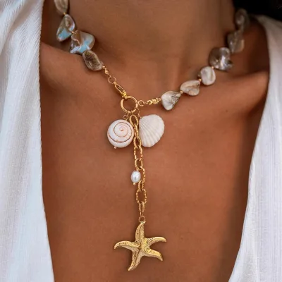 Fancy Day INS Trendy Beach Necklace Summer Beach Jewelry Women Starfish Charm Shell Chain Fashion Jewelry Seashell Necklace