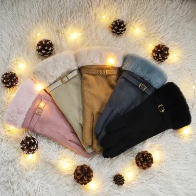 5 Pastel Color Ladies Soft Windproof Furry Cuff Gloves Adjustable Strap Warm Gloves for Shopping Outdoor Party Holiday Gift