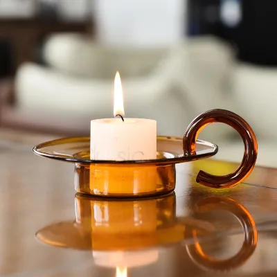 Handmade Painting Amber Colored Glass Candle Holder Cups with Round Ring Handle for Home Decoration