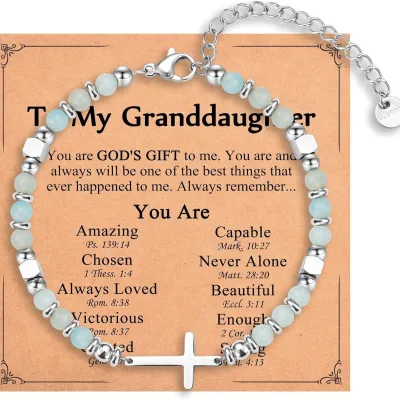 New dESIGN 6mm silver Plated cross chARM beaded bracelet Adjustable women men natural stone Bead Steel card girl gift bracelet