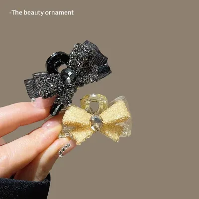 Sided Bow Hairpin with AB Mesh Rhinestone Small Grip Clip Temptress Princess Head Bangs Wholesale Made of Metal Christmas Bows