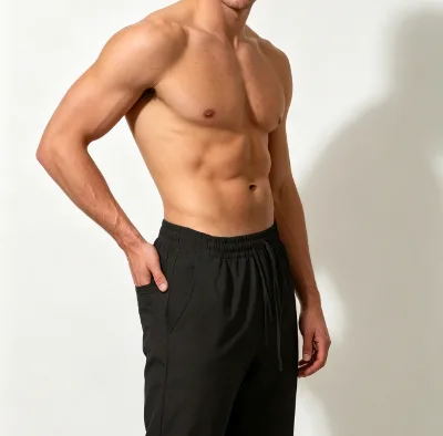 Men Solid Black Elastic Waist Straight Leg Casual Pants Lightweight Quick Dry Loose Fit Side Pocket Daily Walking Trousers