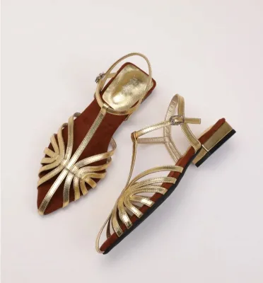 Women's Roman Sandals Summer Low Heel Ankle Strap Buckle Hollowed T-strap Pointed Toe Solid Pattern