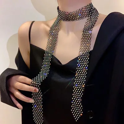 European American-style Long Tassel Choker Multi-row Rhinestones Bold Black Vintage Necklace Women Embellished Sparkling