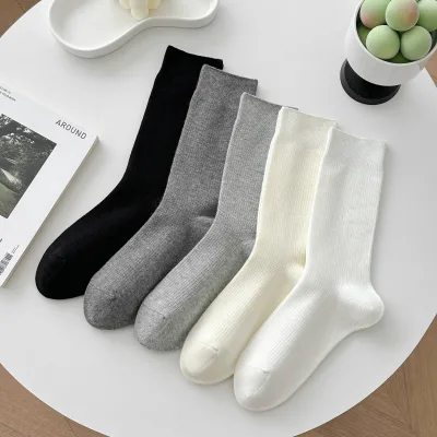 Most Popular Breathable Knitted Cotton Casual Mid-calf Socks for Women Solid Black/Grey/Beige/White Spring Daily Use Digital