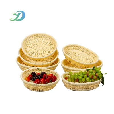 Fine Weave Pale Beige Artificial Rattan Oval Round Tray for Hotel Cafe Pastry Snack Display Arrangement