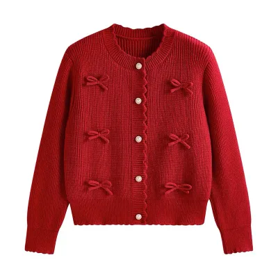 New Knitwear Cardigan Wooden Earring Decorate the Sweater With Bows Jacket Women Autumn Winter Sweet Wind Knitted Cardigan Top