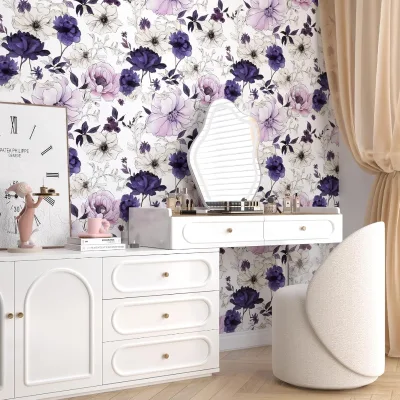 Purple White Watercolor Floral PVC Self-adhesive Waterproof Modern Botanical Wallpaper for Bedroom Shelves