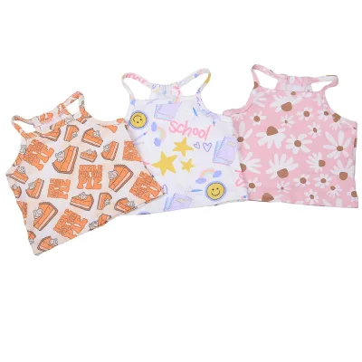 Wholesale 240g Printed Girls Halter Crop Top Turtleneck Strap Shirts Tie Bow Toddler T-shirt Quick Dry Breathable