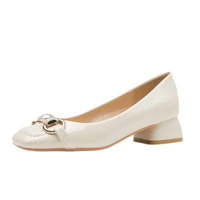 New Square Metal Buckle Rhinestones Thick Heel Women's Shoes With Simple Temperament Shallow Mouth Women's Single Shoes