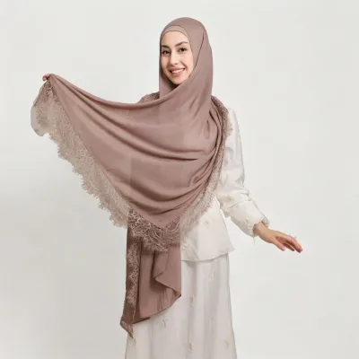 Modal Cotton Lace Long Scarf Matching Elastic Tube Hat Undercap Set Women Breathable Soft Solid-color Cotton Hijab Shawl