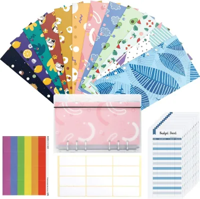 All in One Cash Envelope System Wallet with 12 Waterproof Money Budget Envelopes 24 Blank Labels 24 Rainbow Labels and 1 Binder
