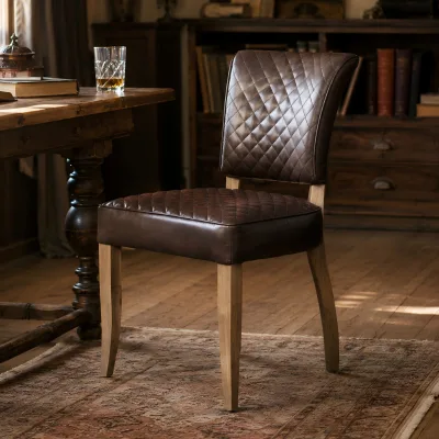 Vintage Solid Wood Dining Chair Dark Brown Quilted Leather Upholstered Side Chair Armless Accent Chair Home Restaurant Furniture