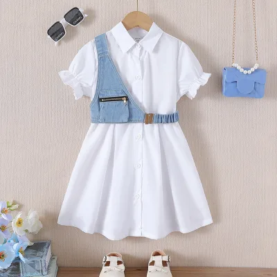 Spring and Summer Children's Collar Shirt Skirt, Girls' Dress, Denim Vest Two-piece Set