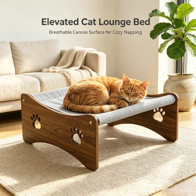 Premium Elevated Wooden Cat Hammock Bed Breathable Canvas Raised Cat Sleeping Platform Indoor Home Rest Lounge for Small Pet