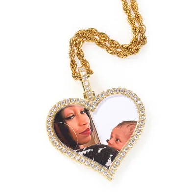 Custom Memory Photo Necklace Personalized Family Lover Photos Iced Out CZ Heart Shape Pendant Men Women Hip Hop Picture Necklace