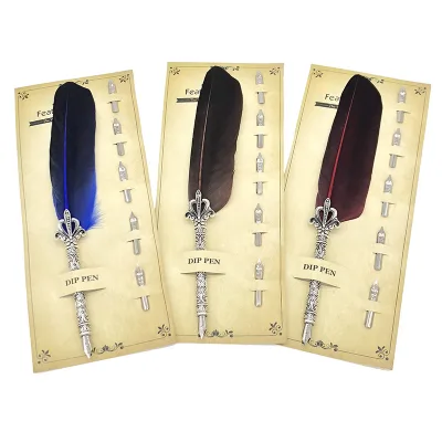 Fancy Stationery Vintage Replaceable Dip Color Feather Fountain Pen with 5 Nibs