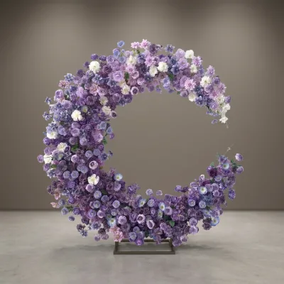 Half Moon Dusty Purple Faux Floral Hoop Stand, Gradient Purple Blooms Circular Arrangement for Wedding Photo Booth Background