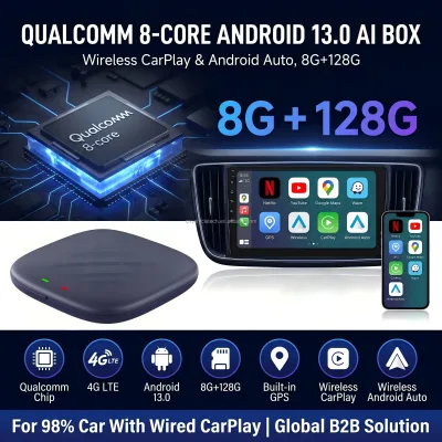 OEM Custom Qualcomm 8-Core Android 13 CarPlay AI Box 8GB+128GB 4G LTE Network Wireless CarPlay Android Auto Adapter Box
