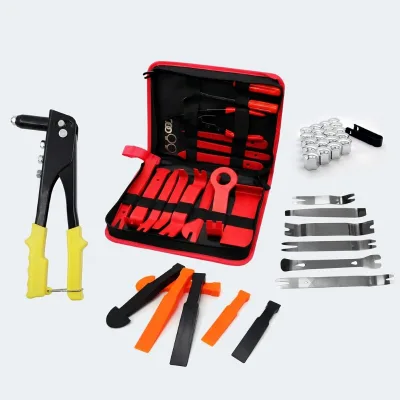 Auto Trim Removal Tool Kit Car Panel Door Clip Pry Tools Set Rivet Gun Fastener Remover Metal & Plastic Pry Bars for Automotive